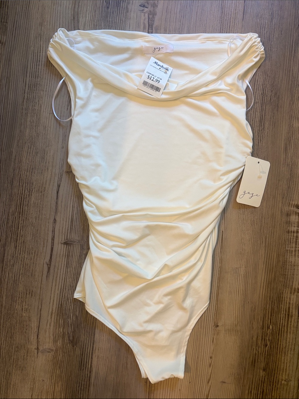 White Ruched Off-Shoulder Bodysuit